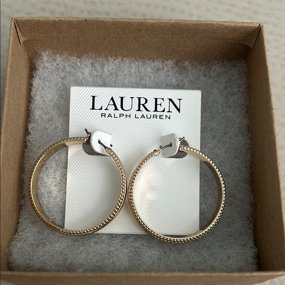 Lauren Ralph Lauren Gold-Tone Medium Textured Edge Hoop Earrings, 1.3" - Picture 3 of 11